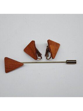 Wooden Triangle Earrings & Pin Brooch Clip-on Backs Vintage Pin is 3"